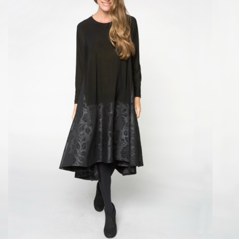 Alembika Oversized Shift Dress Womens Medium Black Mixed Media Floral